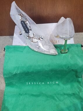 Jessica Rich Clear Pointed Pumps with Snake-Print Insole and Gold Heel